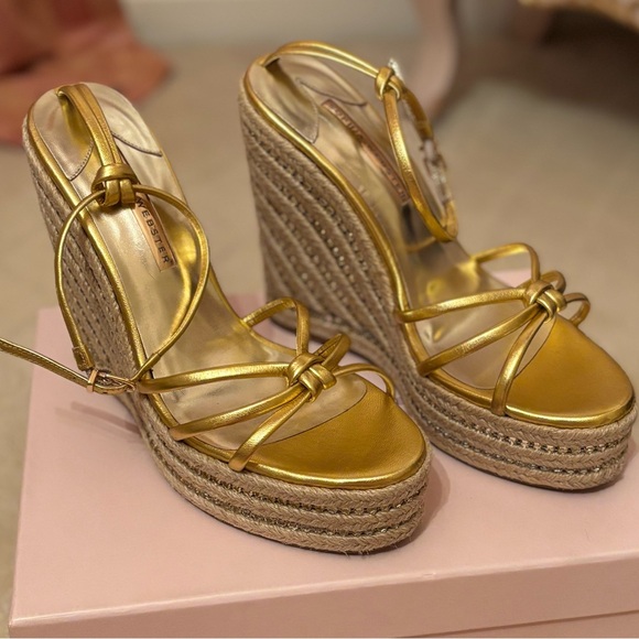 NWB Sophia Webster Alina Gold Espadrille Open Wedge Platform Heel Shoes Crystal - Picture 4 of 10